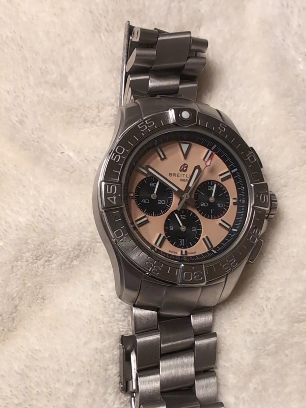 Breitling Stainless Steel Chronograph with Salmon Color Dial and Black Subdials